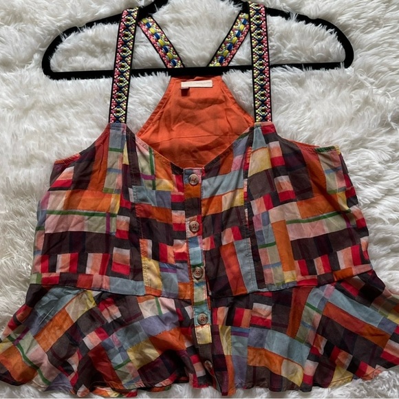Pilcro Anthropologie Patchwork‎ Apron Tank Button Front Adjustable Straps Size S - Picture 7 of 12